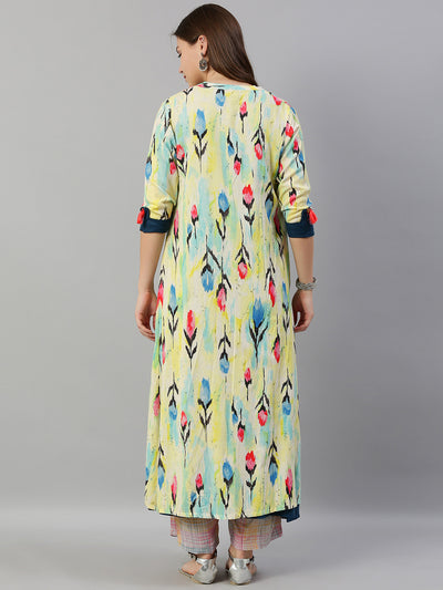 Neeru's Women Teal Blue Yellow Printed Layered A-Line Kurta With Embroidered Detailing