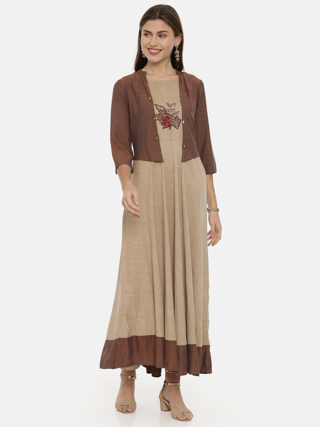 Neeru's Brown Embroidered Anarkali Kurta