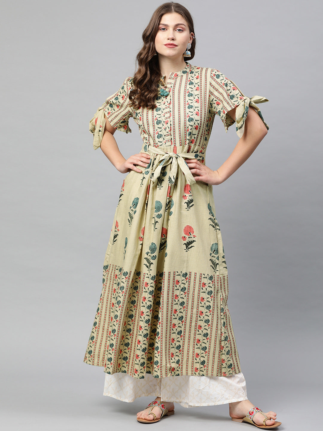 Neeru's Women Beige Blue Printed Tie-Up Sleeve A-Line Kurta