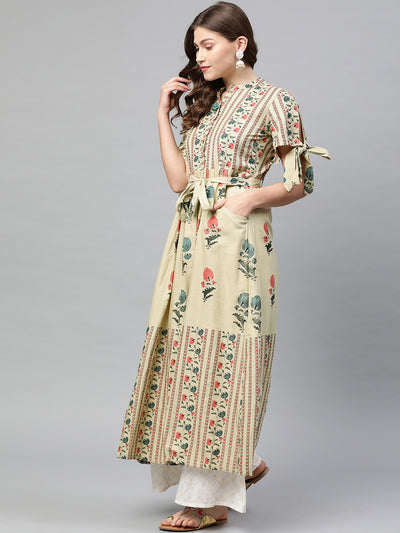 Neeru's Women Beige Blue Printed Tie-Up Sleeve A-Line Kurta