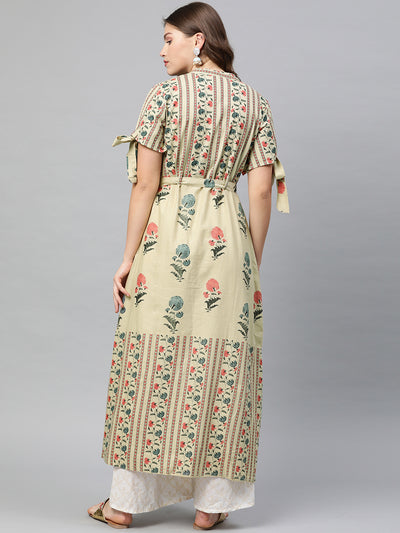 Neeru's Women Beige Blue Printed Tie-Up Sleeve A-Line Kurta