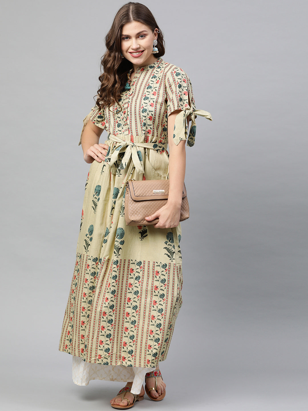 Neeru's Women Beige Blue Printed Tie-Up Sleeve A-Line Kurta