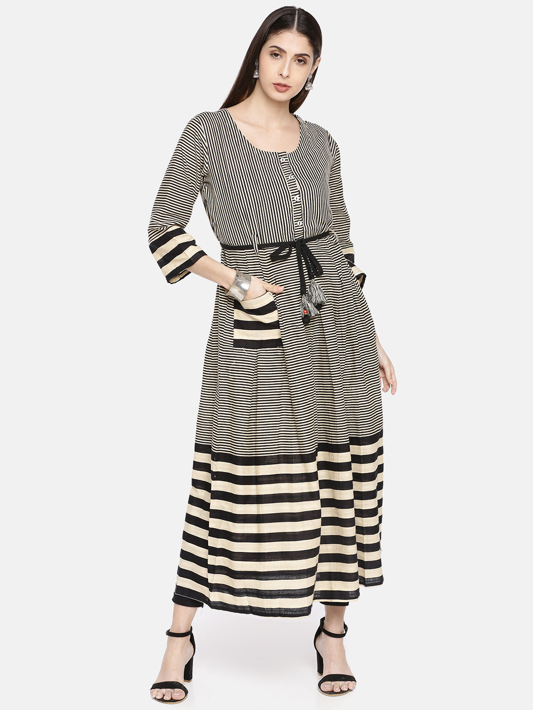 Neeru's Women Beige Black Striped A-Line Kurta