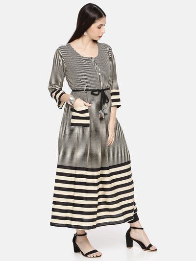 Neeru's Women Beige Black Striped A-Line Kurta