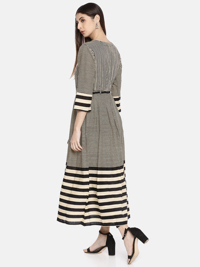 Neeru's Women Beige Black Striped A-Line Kurta