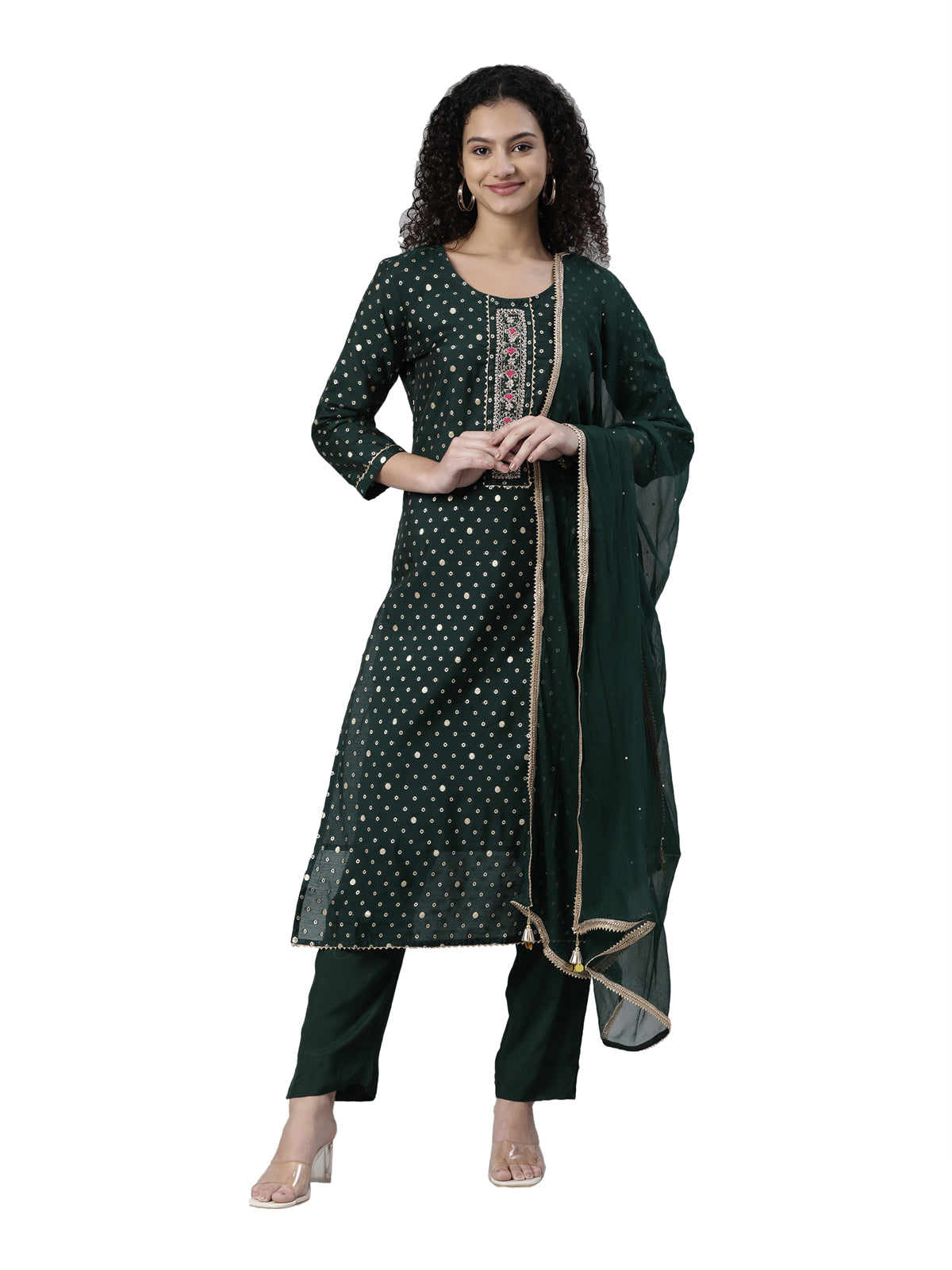 Neeru's Green Regular Knee Length Printed Kurta Solid Trousers With Dupatta