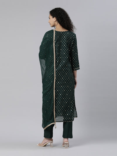 Neeru's Green Regular Knee Length Printed Kurta Solid Trousers With Dupatta