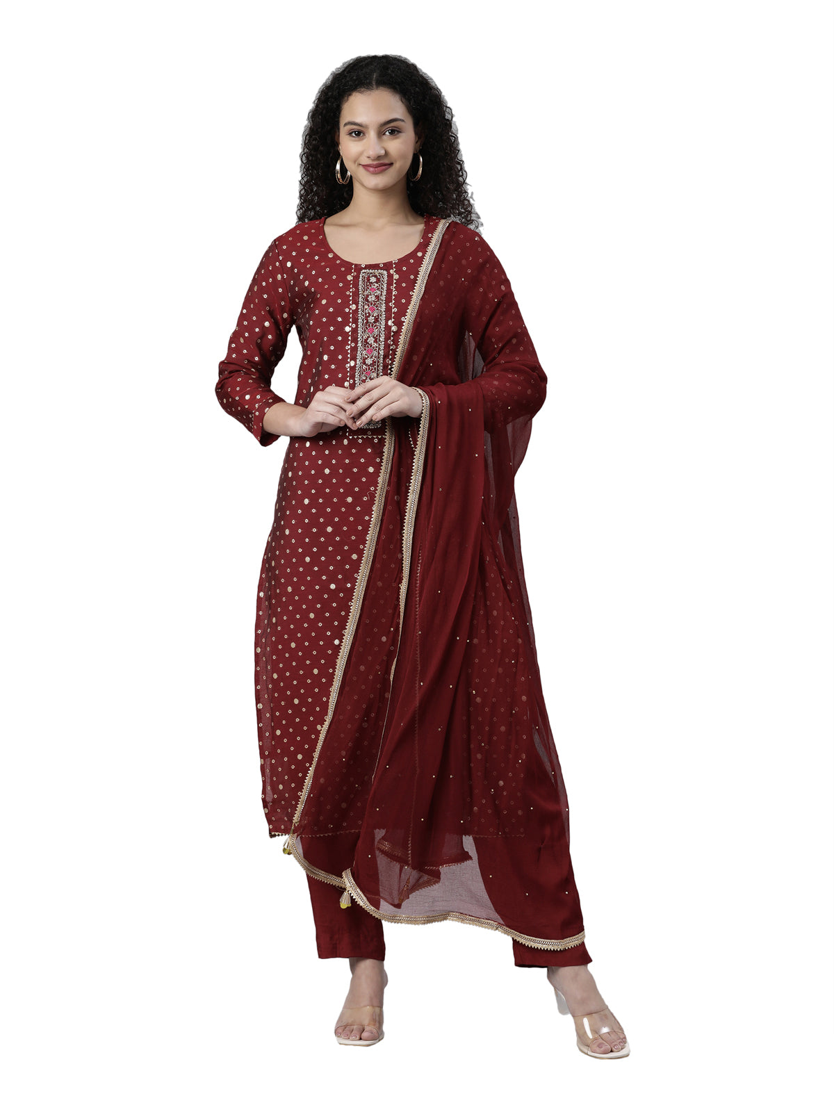 Neeru's Maroon Regular Knee Length Printed Readymade suits