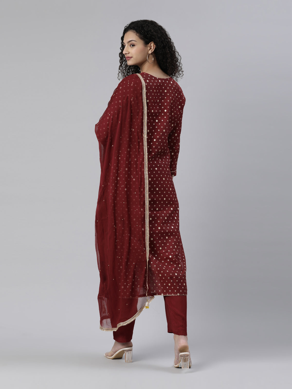 Neeru's Maroon Regular Knee Length Printed Readymade suits