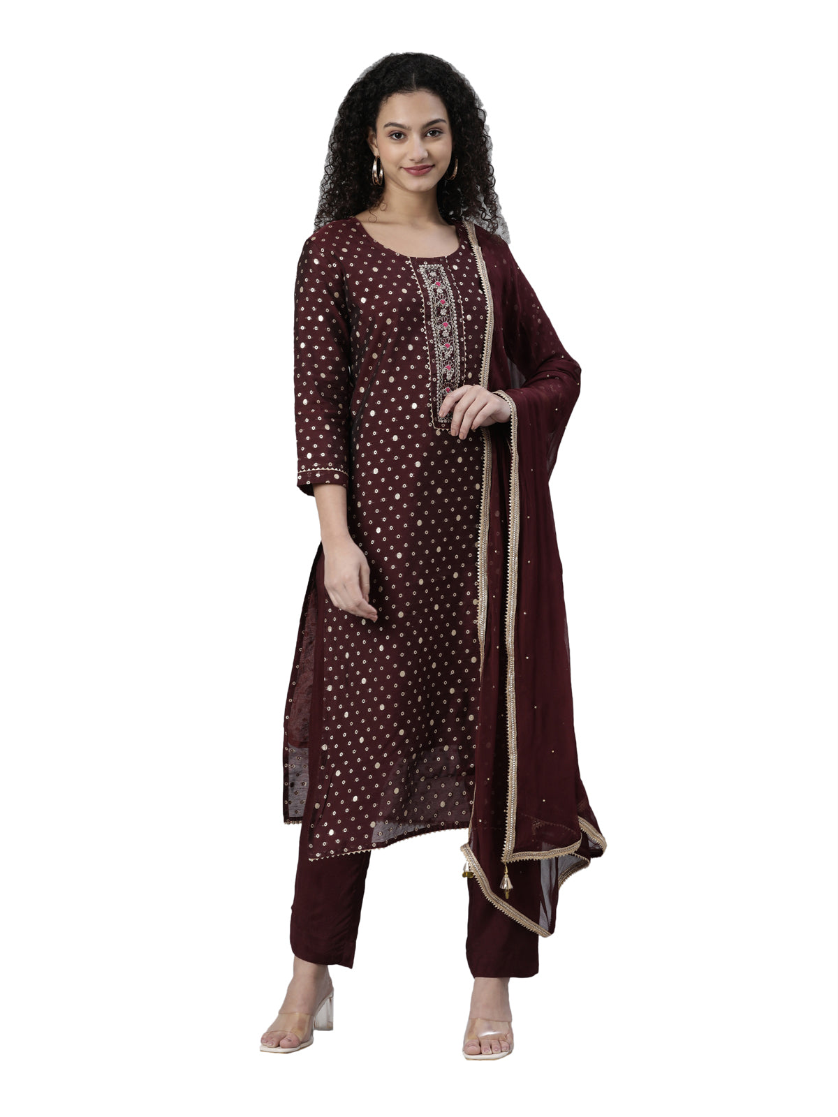 Neeru's Maroon Regular Knee Length Printed Kurta Solid Trousers With Dupatta