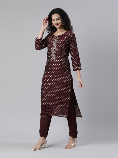 Neeru's Maroon Regular Knee Length Printed Kurta Solid Trousers With Dupatta