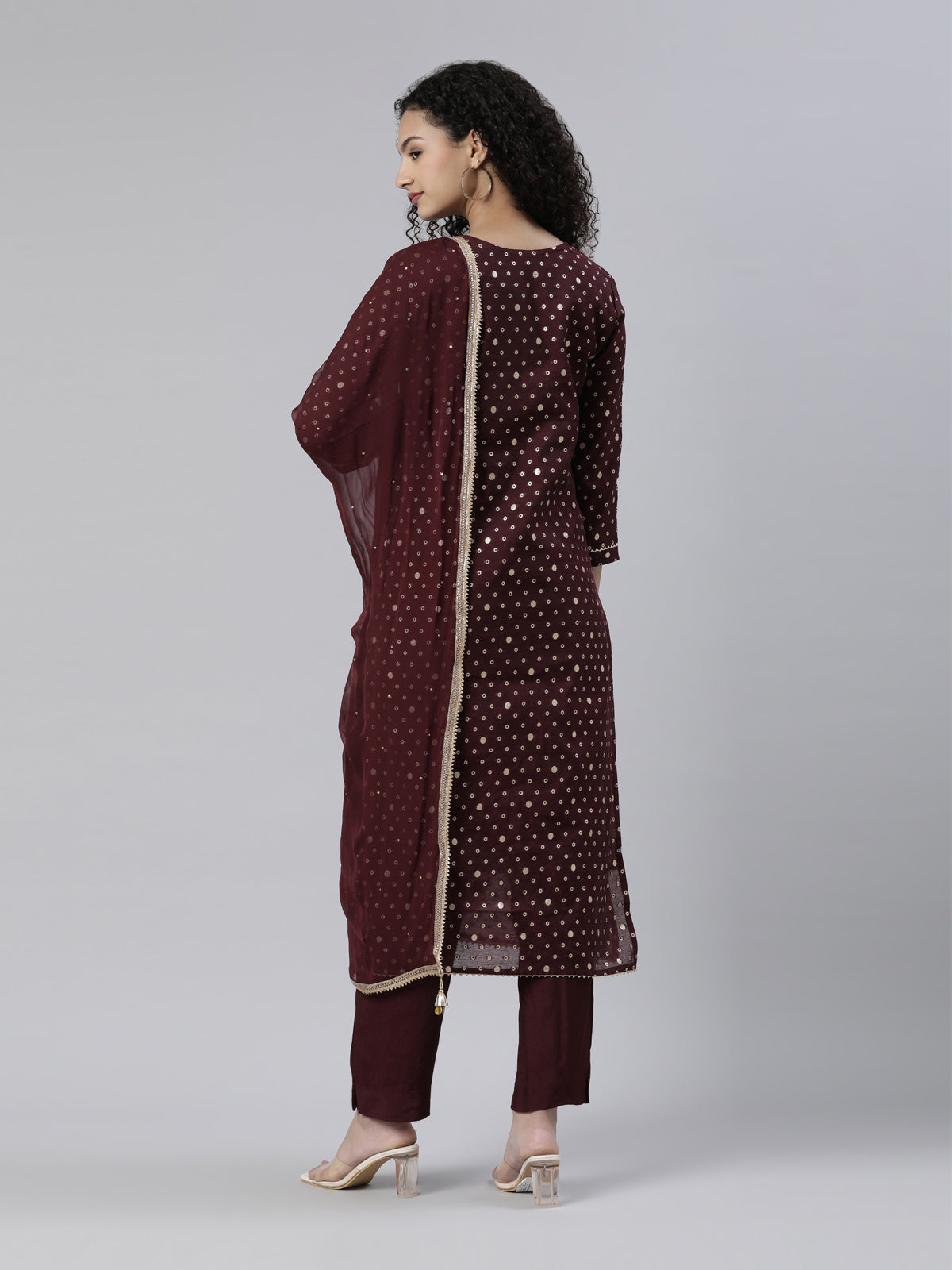 Neeru's Maroon Regular Knee Length Printed Kurta Solid Trousers With Dupatta