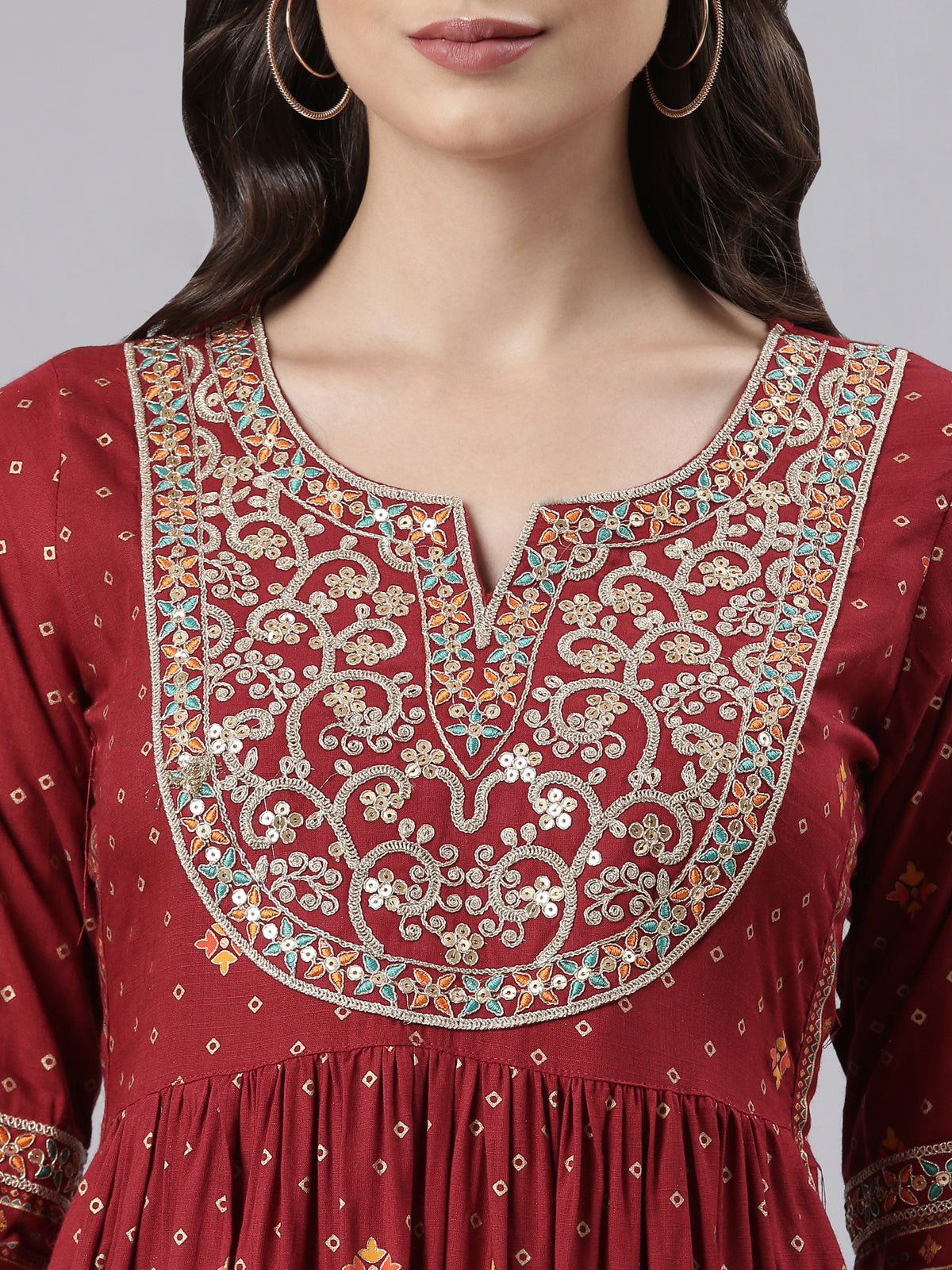 Neeru's Maroon Regular Calf Length Printed Kurta Printed Trousers With Dupatta