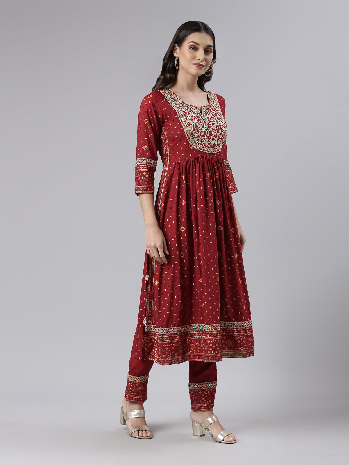 Neeru's Maroon Regular Calf Length Printed Kurta Printed Trousers With Dupatta