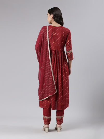 Neeru's Maroon Regular Calf Length Printed Kurta Printed Trousers With Dupatta