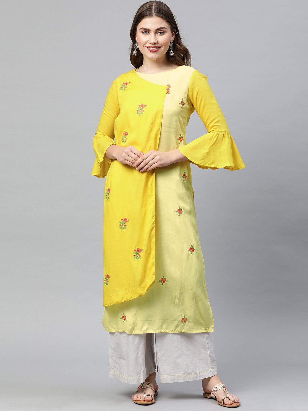 Neeru's Yellow Embroidered Angrakha Kurta