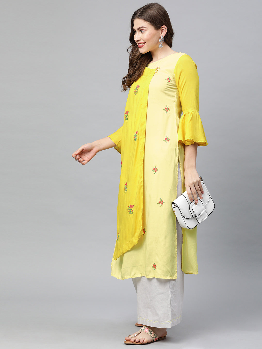 Neeru's Yellow Embroidered Angrakha Kurta