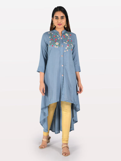 Neeru's Blue Embroidered High Low Kurta