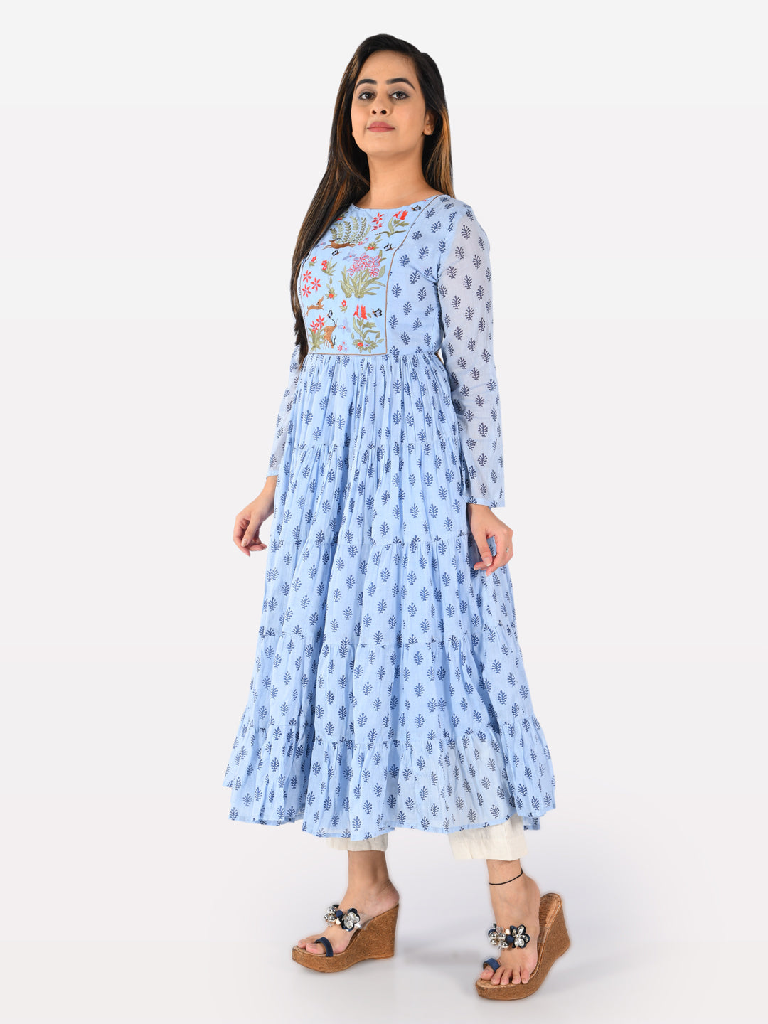 Neeru's Blue Embroidered Fit & Flare Kurta