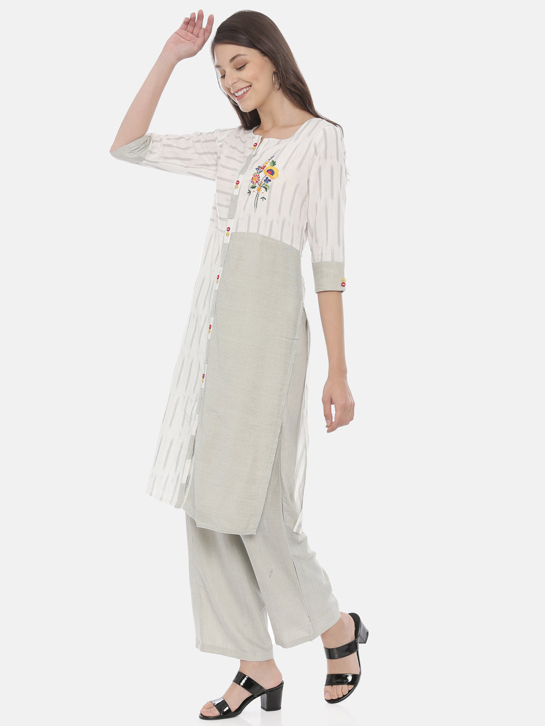 Neeru's Grey Embroidered Kurta & Palazzo Set