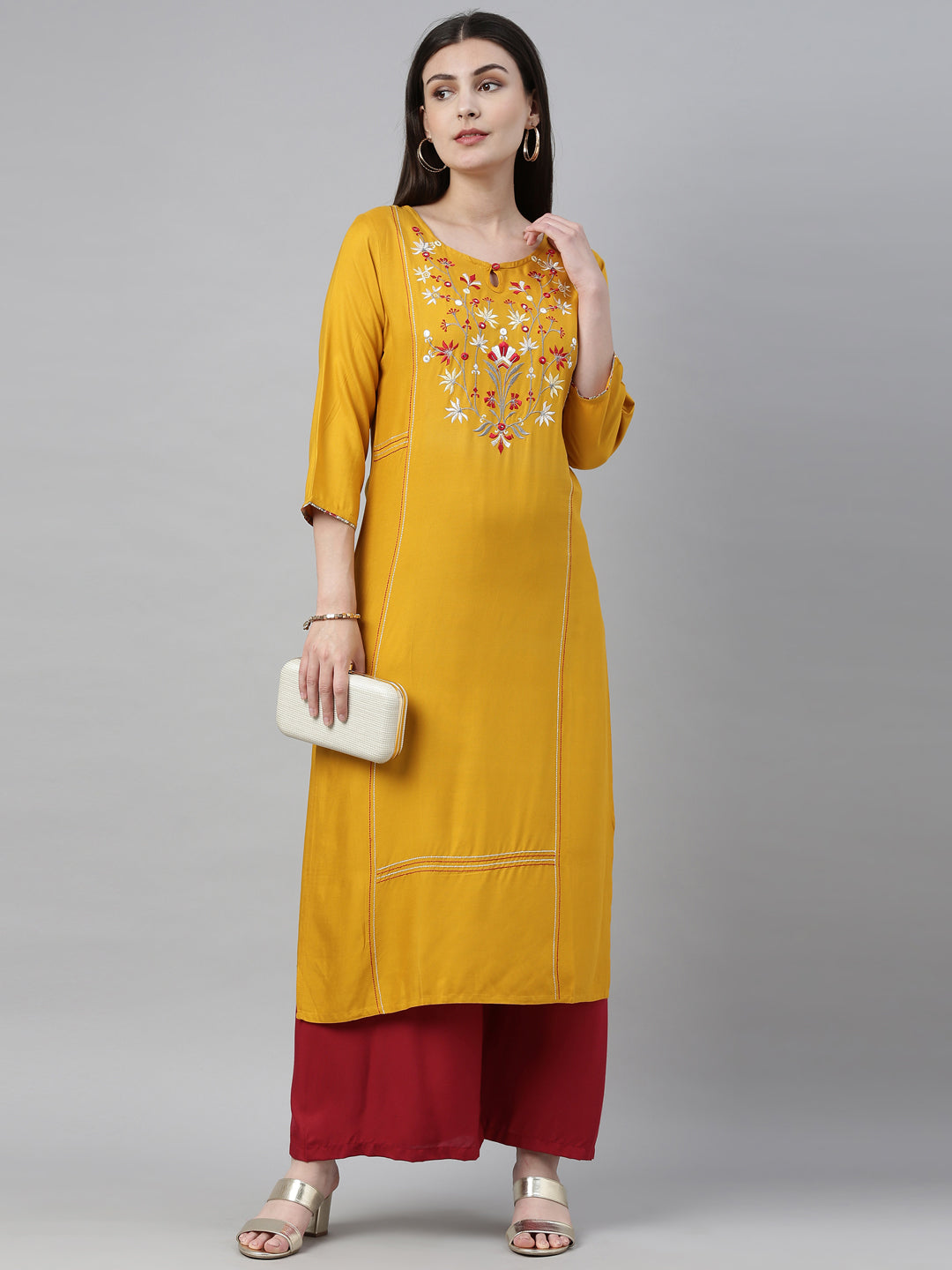 Neeru's Yellow Embroidered Straight Kurta