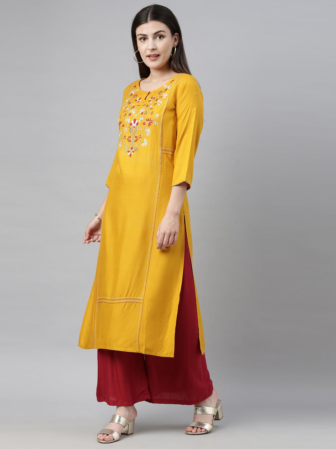 Neeru's Yellow Embroidered Straight Kurta