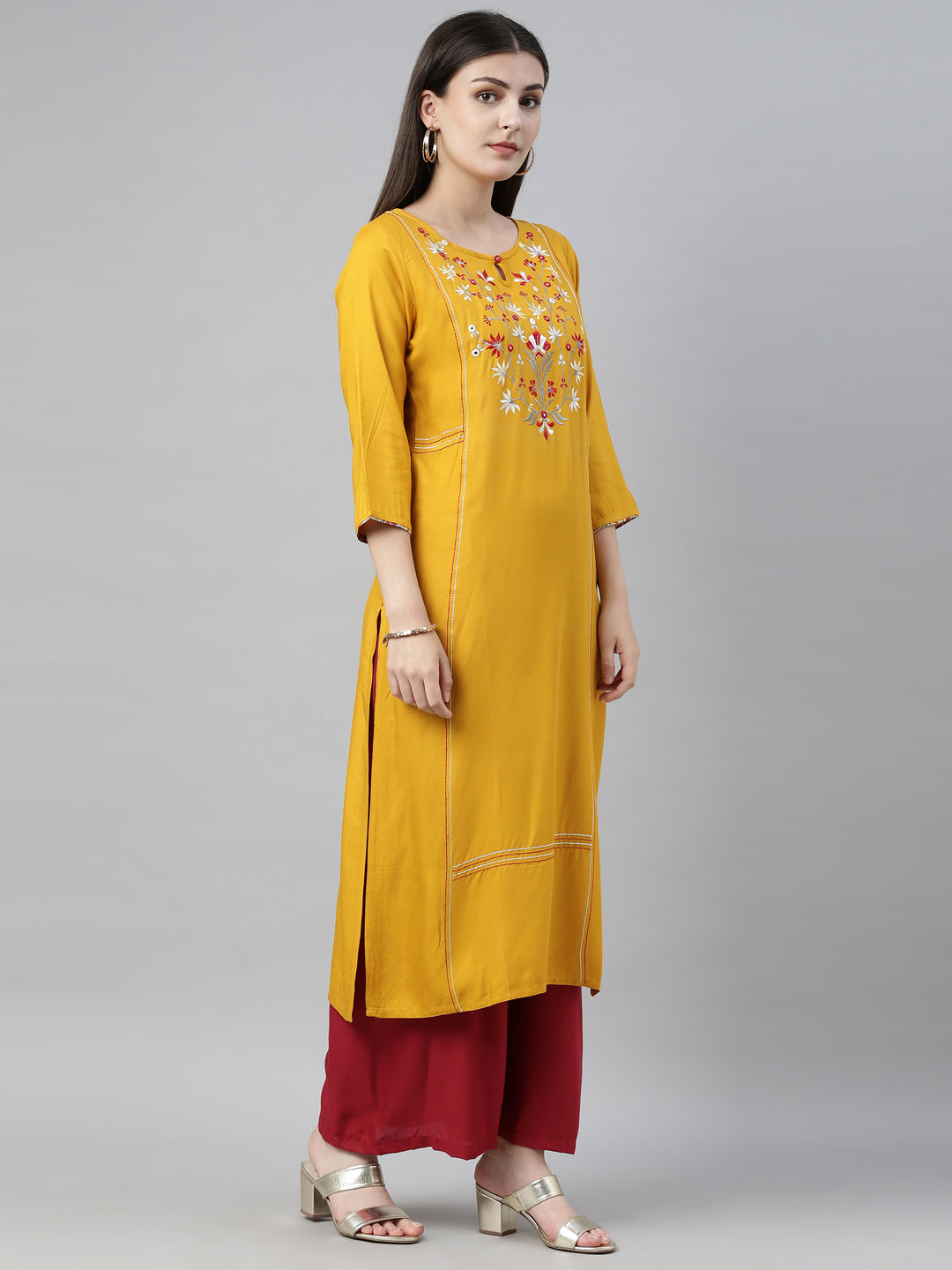 Neeru's Yellow Embroidered Straight Kurta