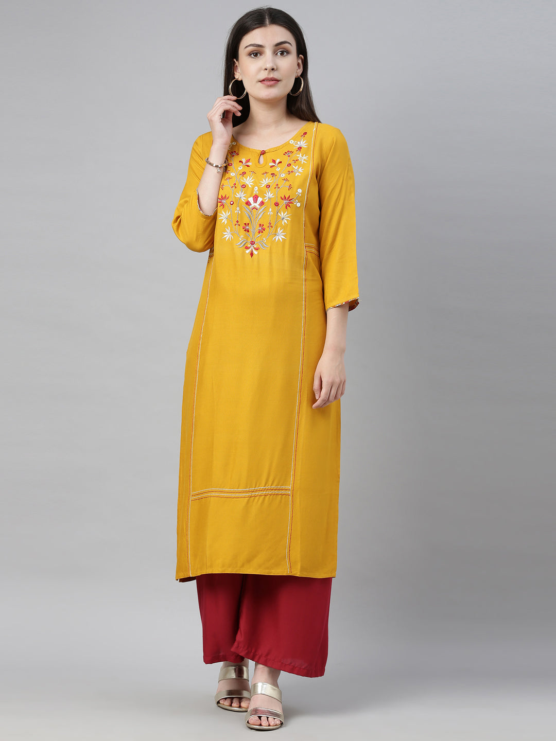 Neeru's Yellow Embroidered Straight Kurta