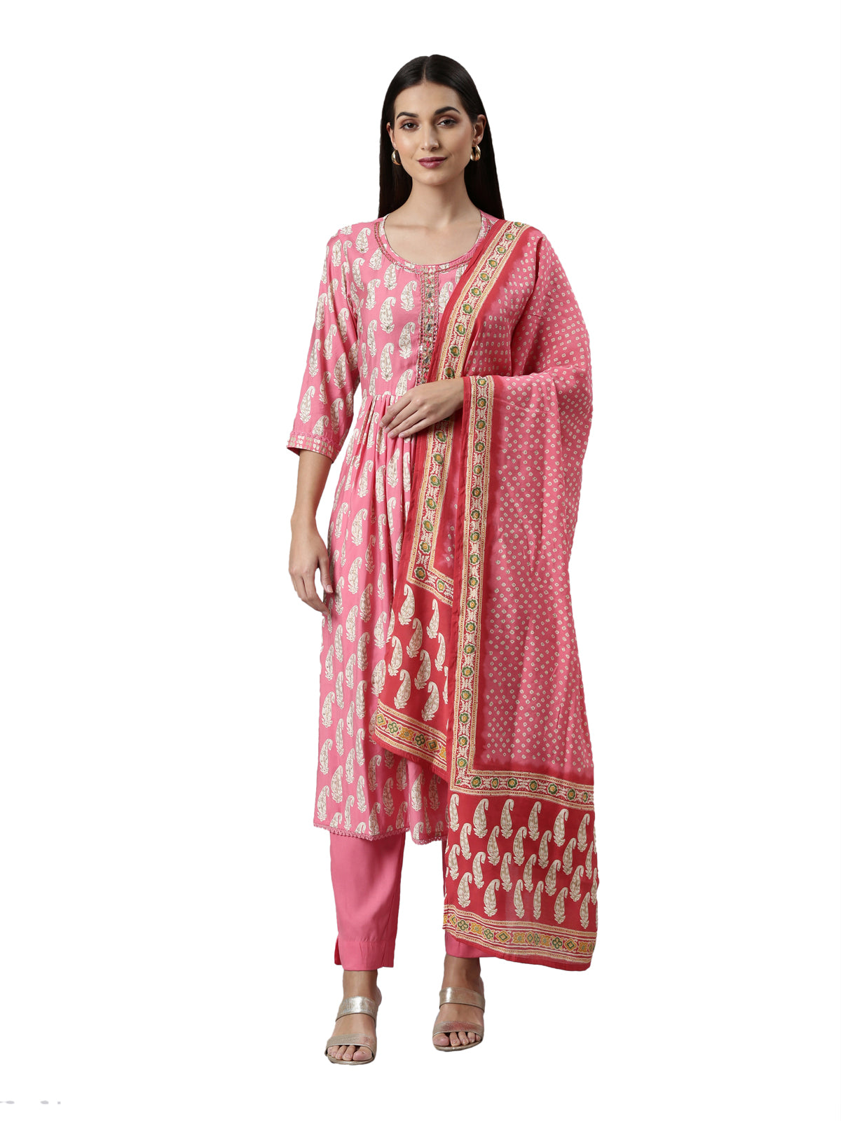 Neeru's Pink Regular Calf Length Printed Kurta Solid Trousers With Dupatta