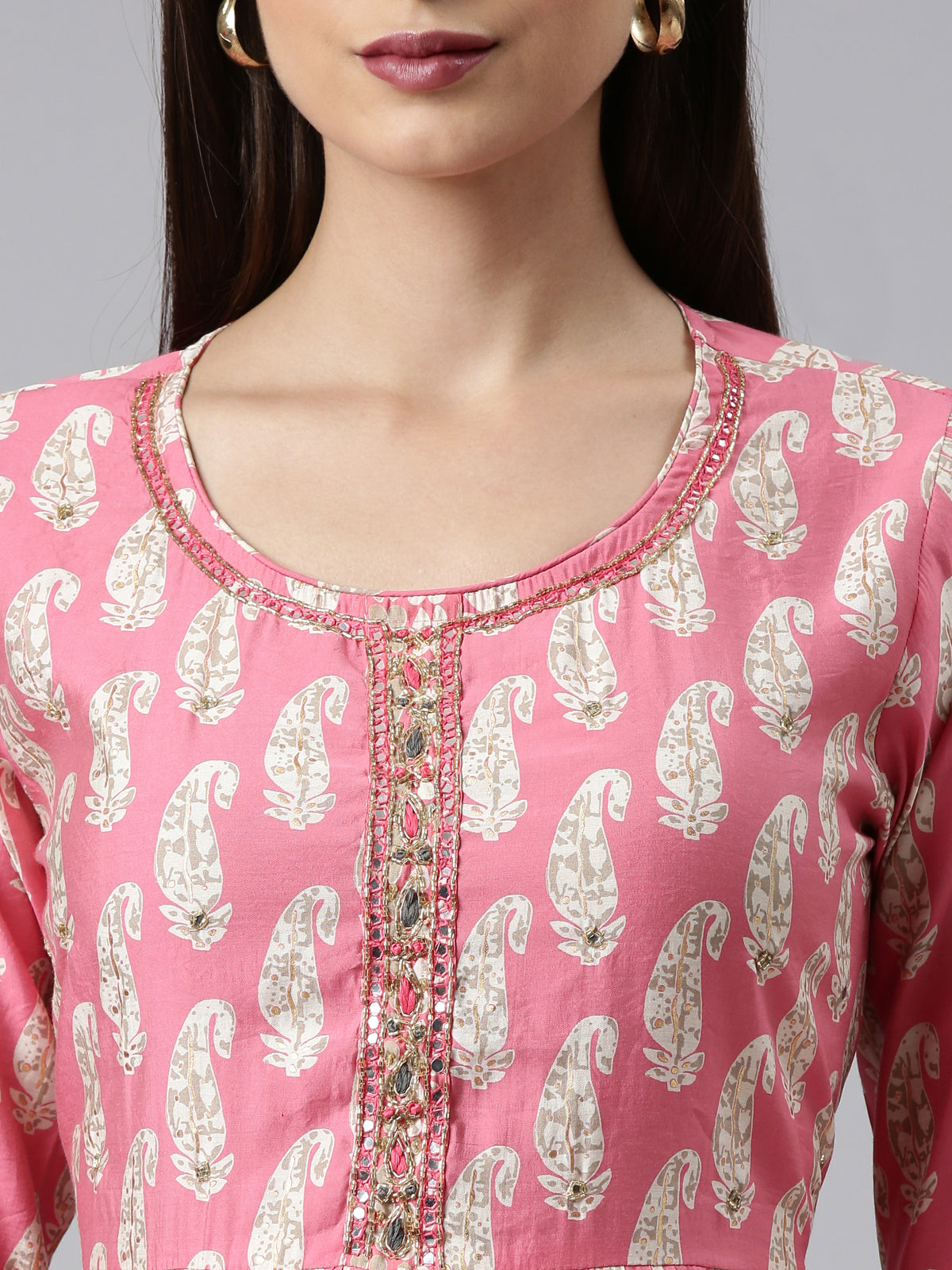 Neeru's Pink Regular Calf Length Printed Kurta Solid Trousers With Dupatta