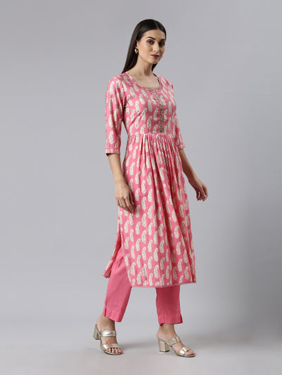 Neeru's Pink Regular Calf Length Printed Kurta Solid Trousers With Dupatta