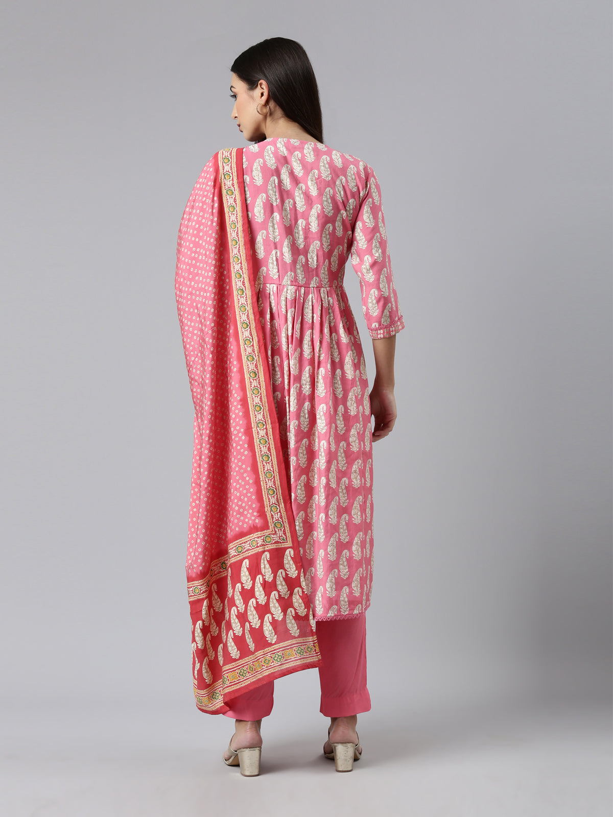 Neeru's Pink Regular Calf Length Printed Kurta Solid Trousers With Dupatta