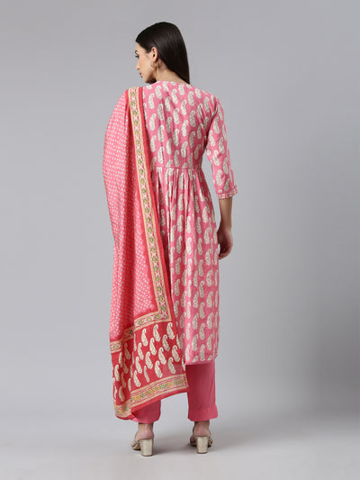 Neeru's Pink Regular Calf Length Printed Kurta Solid Trousers With Dupatta