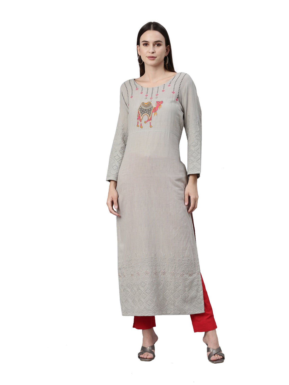 Neeru's Grey Color Slub Cotton Fabric Kurta