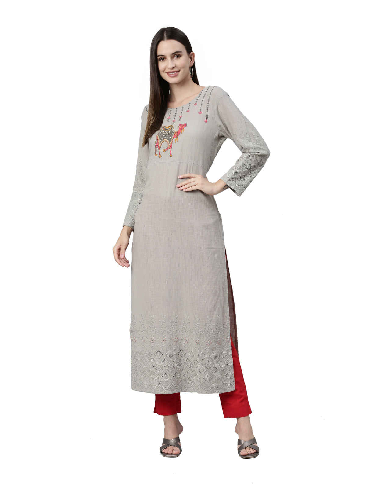 Neeru's Grey Color Slub Cotton Fabric Kurta