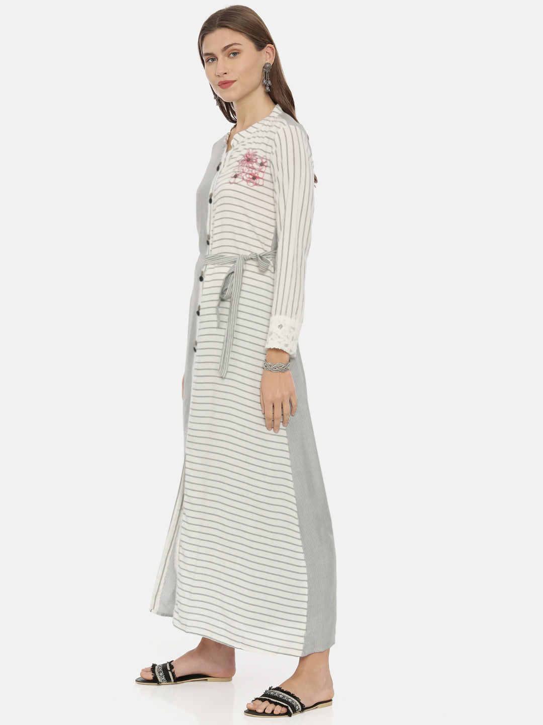 Neeru's White & Grey Striped A Line Kurta