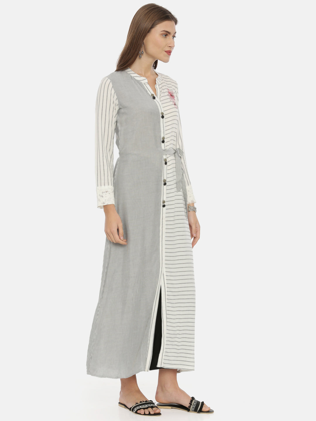 Neeru's White & Grey Striped A Line Kurta