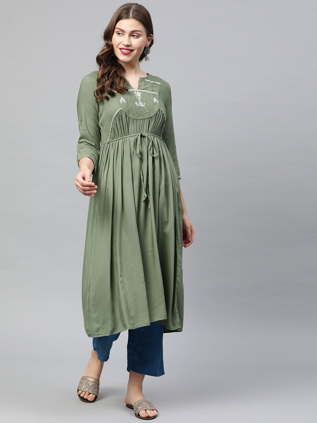 Neeru's Women Green Embroidered A-Line Kurta With Tie-Up Detail Gatherers