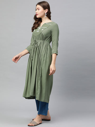 Neeru's Women Green Embroidered A-Line Kurta With Tie-Up Detail Gatherers