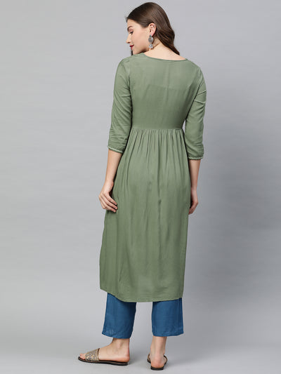 Neeru's Women Green Embroidered A-Line Kurta With Tie-Up Detail Gatherers