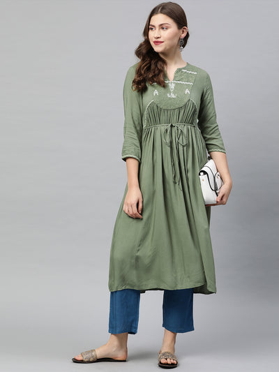 Neeru's Women Green Embroidered A-Line Kurta With Tie-Up Detail Gatherers