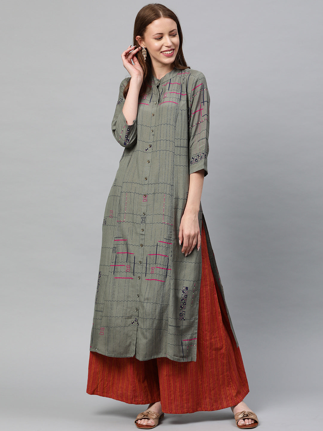 Neeru's Olive Printed Straight Kurta