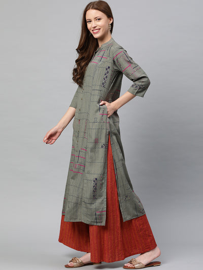 Neeru's Olive Printed Straight Kurta