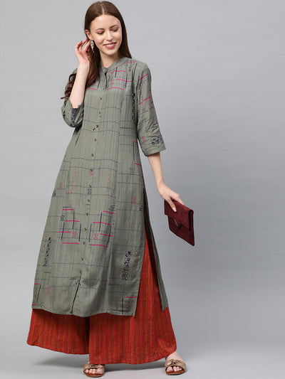 Neeru's Olive Printed Straight Kurta