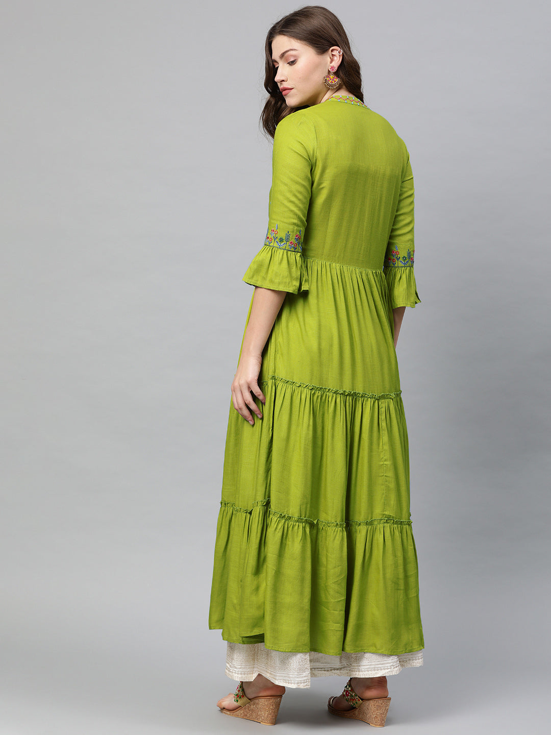 Neeru's Women Green Woven Design A-Line Tiered Kurta