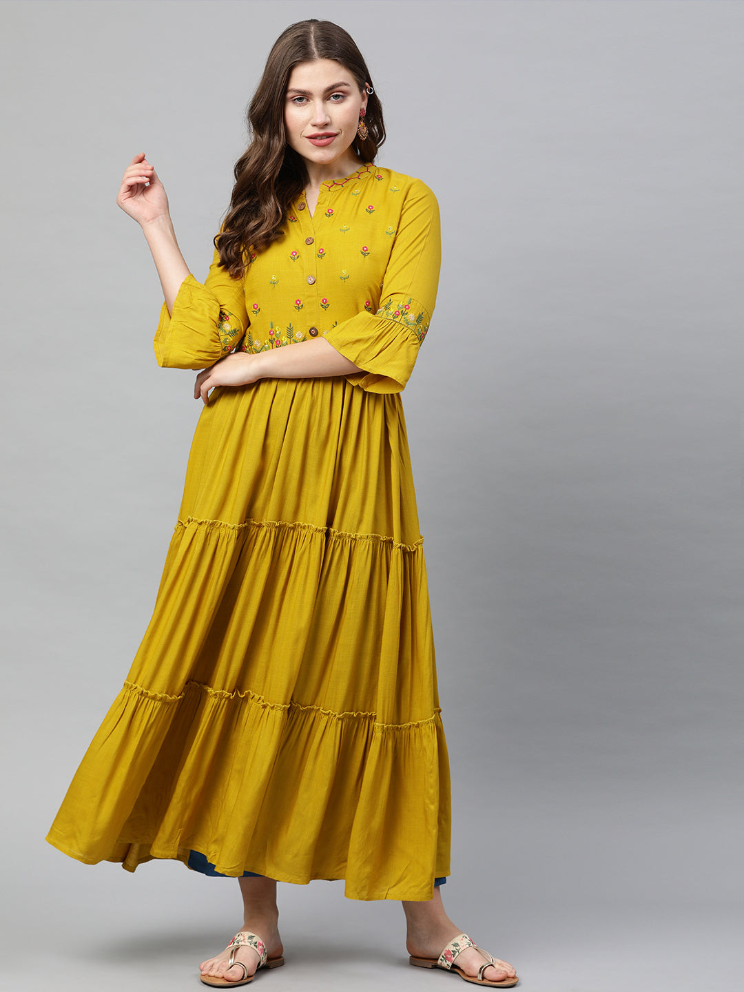 Neeru's Women Mustard Yellow Embroidered A-Line Tiered Kurta