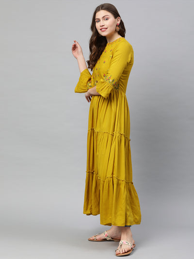 Neeru's Women Mustard Yellow Embroidered A-Line Tiered Kurta