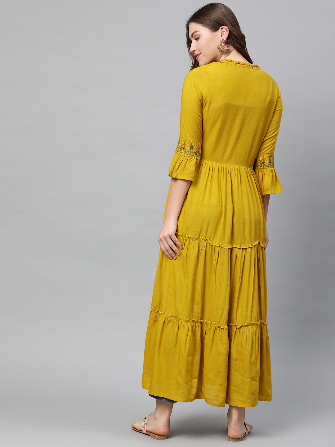 Neeru's Women Mustard Yellow Embroidered A-Line Tiered Kurta