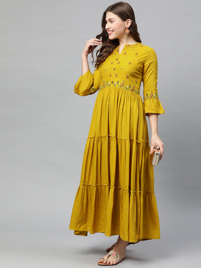 Neeru's Women Mustard Yellow Embroidered A-Line Tiered Kurta