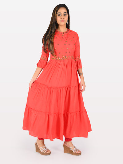 Neeru's Red Embroidered Flared Kurta